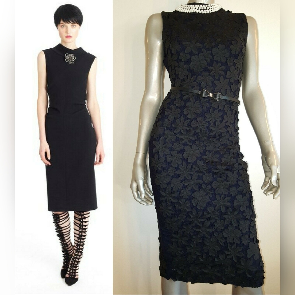 ○$2,900 NEW OSCAR DE LA RENTA BLUE BLK FLORAL KNIT DRESS S